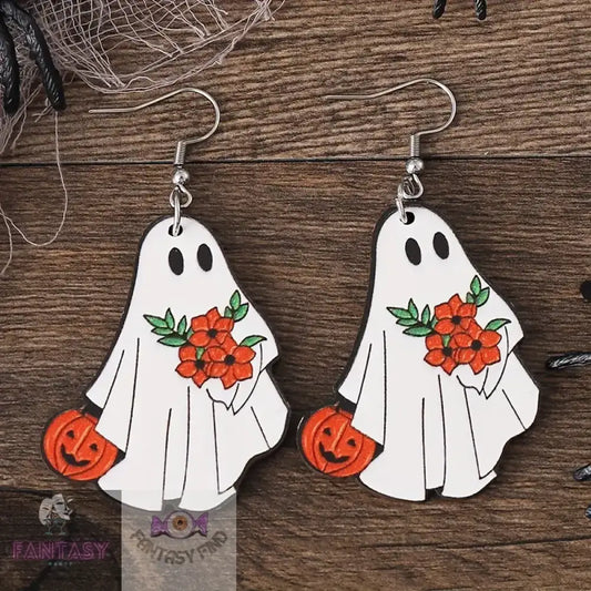 White Ghost Pumpkin Pattern Dangle Earrings