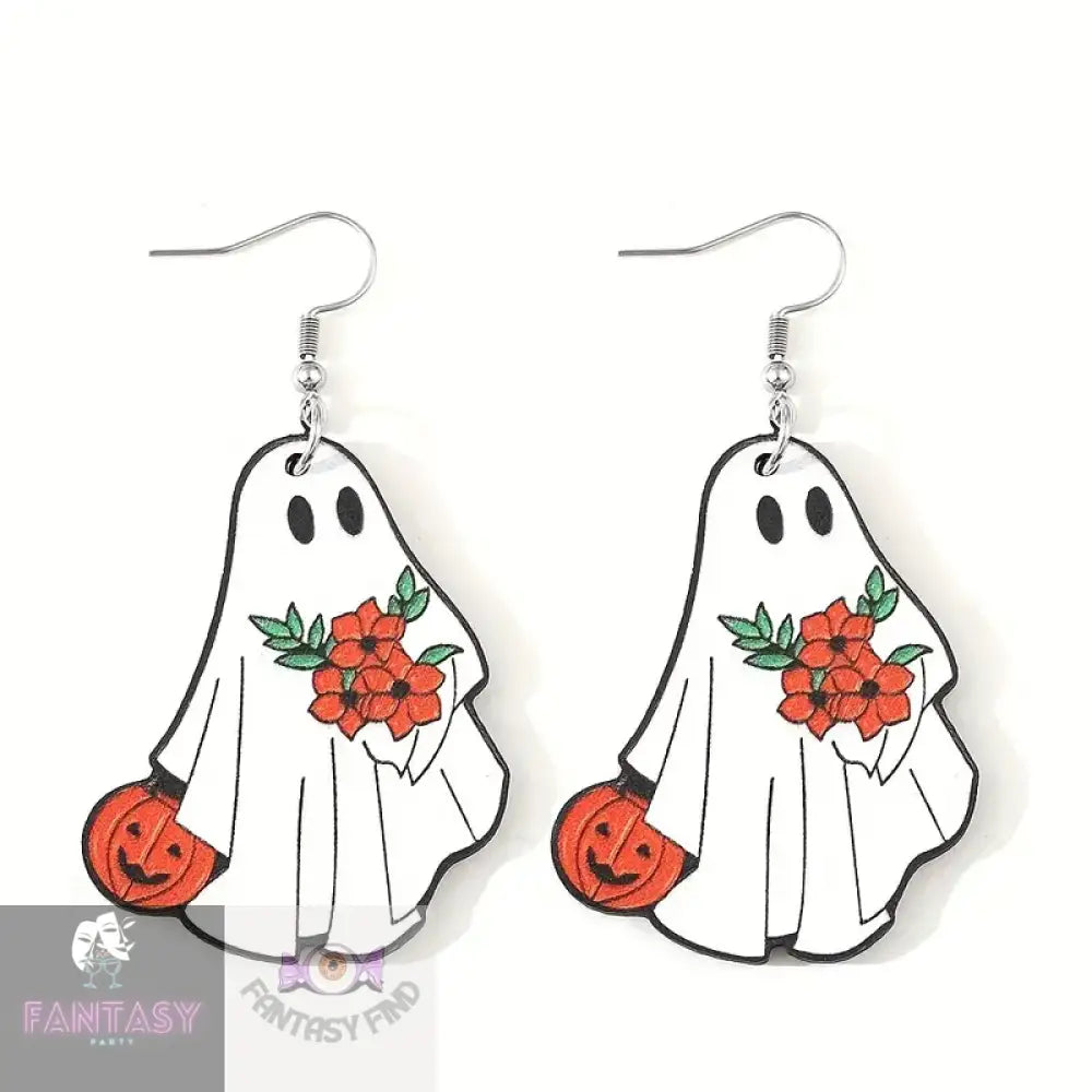 White Ghost Pumpkin Pattern Dangle Earrings