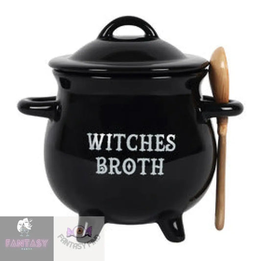 Witches Broth Ceramic Cauldron Soup Bowl With Broom Spoon