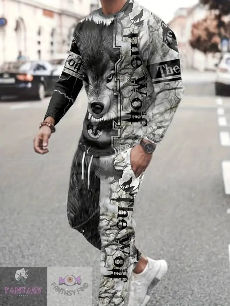 Wolf Pattern Men’s 2Pcs Tracksuit - Dark Gray