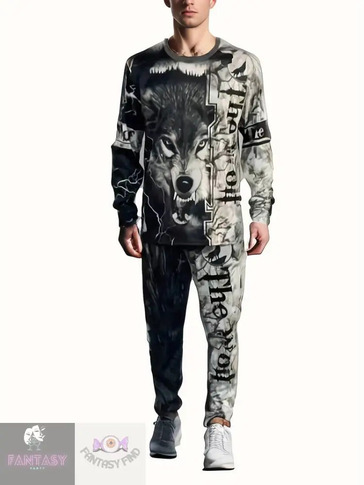 Wolf Pattern Men’s 2Pcs Tracksuit - Dark Gray