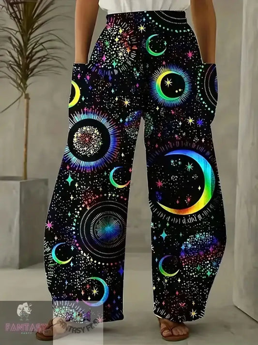 Women’s Plus Holographic Moon & Star Print Elastic High Rise Wide Leg Trousers With Pockets