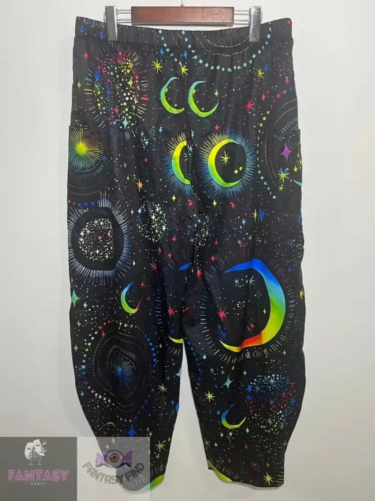 Women’s Plus Holographic Moon & Star Print Elastic High Rise Wide Leg Trousers With Pockets